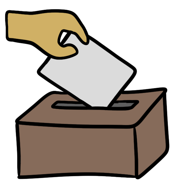 a yellow hand placing a white rectangle into a slotted brown box